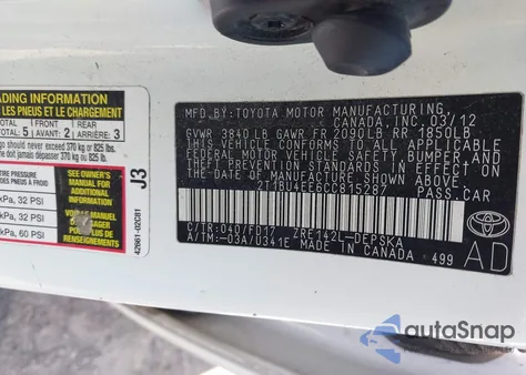 2012 Toyota Corolla S из США, поврежденный, VIN 2T1BU4EE6CC815287